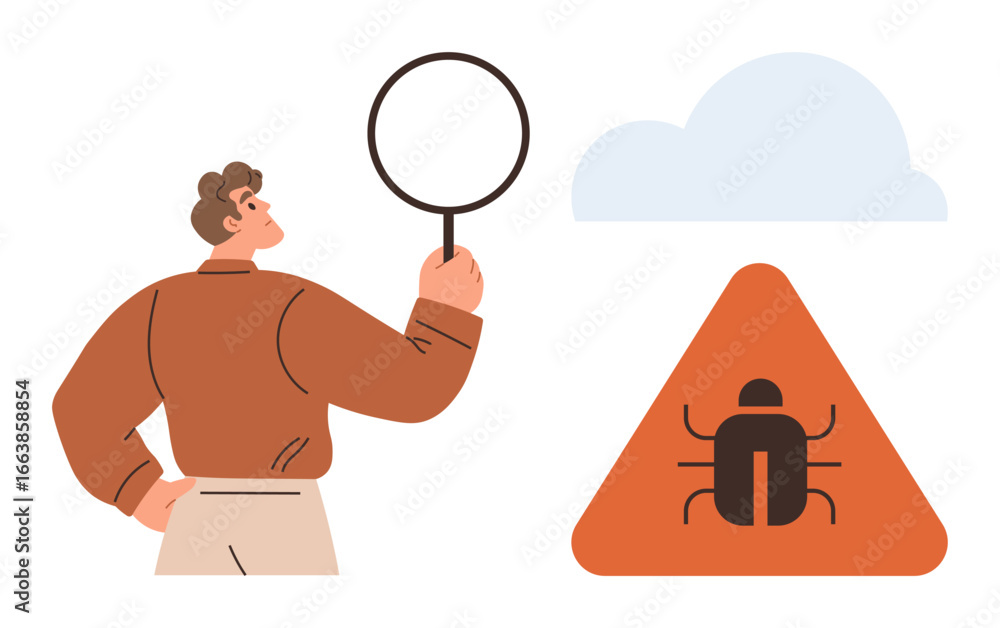 Poster man holding magnifying glass examining bug inside warning sign next to cloud shape. ideal for cybers