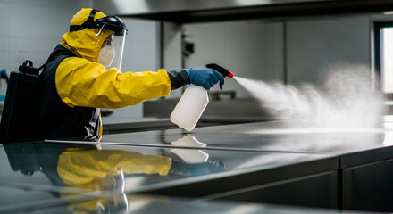 Person in Protective Suit Sanitizing Commercial Kitchen Surfaces
