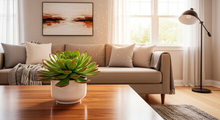Naklejka premium Cozy Living Room with a Succulent and Modern Decor
