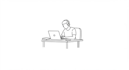 Line drawing of a person with headphones using a laptop at a desk with a book and phone present vreated with genrated ai