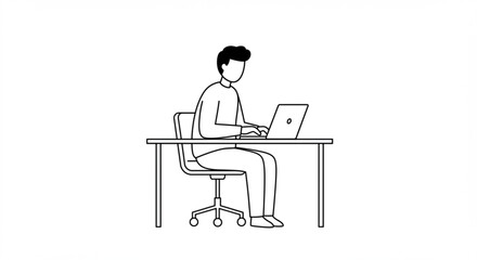 Person sitting at desk working on laptop in simple black and white line drawing illustration style vreated with genrated ai