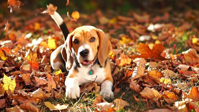 Cute beagle dog lying among autumn leaves in outdoor fall scene, enjoying nature.