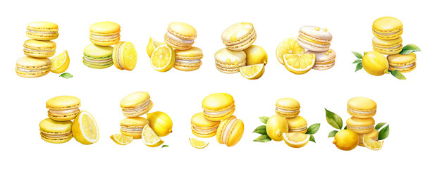 Lemon Macaron Clipart Set – 12 Watercolor Illustrations of Yellow Macarons and Citrus Fruits