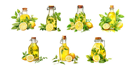 Lemon Oil Clipart Set – 10 Watercolor Bottles with Lemons and Leaves, Aromatherapy and Skincare PNG
