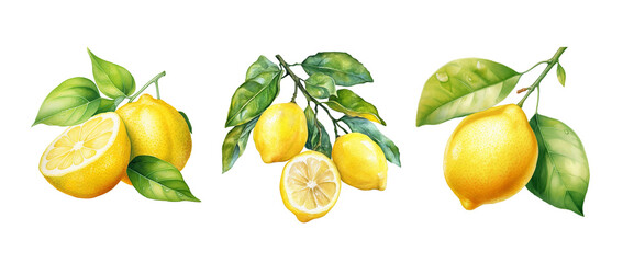 Lemon Branch Clipart – 3 Realistic Watercolor Lemons with Leaves and Halves, Botanical Citrus Illustration PNG
