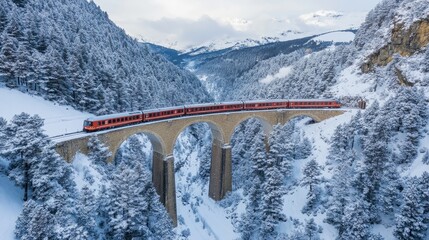 Aerial perspective of an express train crossing a historic mountain viaduct amid winter snow