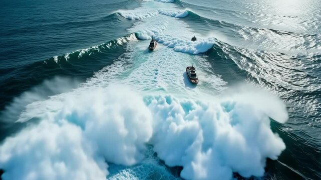 Aerial view of sea where ships are struggling with huge waves with natural motion like a drone coverage on a bright day