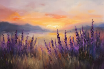 Painting of a lavender field at sundown