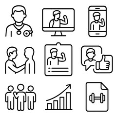 Personal Training Icons. Line style icons of personal training and coaching: trainer with whistle, guided workout screen, virtual