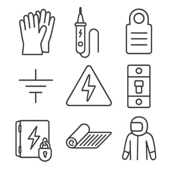Electrical Safety Icons. Line style icons of electrical safety devices: insulated gloves icon, voltage tester, safety lockout tag,