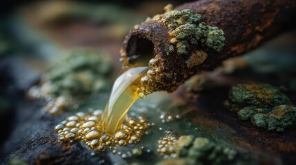 Fototapeta premium Close-up of a corroded metal pipe releasing a bubbling yellowish liquid surrounded by green mold and algae growth.