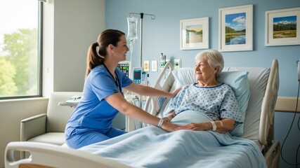 Care Nurse comforts elderly patient in hospital, holding hands, smiling in blue room