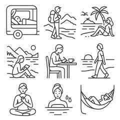 Solo Getaway Icons. Line style icons of solo getaway relaxation: person in camper van bed, backpacker at overlook, solo beach rest