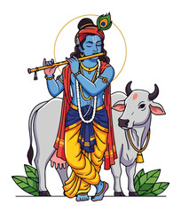 Hindu God Lord Krishna playing flute with a sacred cow vector illustration