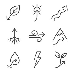 Nature-Inspired Arrow Icons. Line style icons of environment and nature-inspired arrows: leaf arrow, sunray with arrow, river flow
