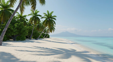 Tropical Paradise Sun-drenched white sand beach with lush palm trees casting dancing shadows under a clear blue sky, leading to tranquil turquoise waters