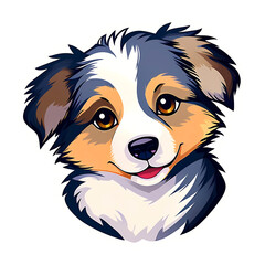 cute cartoon sticker art design of a fluffy white, black, and tan Australian shepherd puppy dog - headshot portrait (transparent background) 
