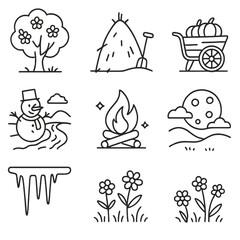 Seasonal Village Icons. Outline style icon of Seasonal Village Scenes: spring blossom tree, summer haystack, autumn pumpkin cart,