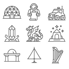 Lunar Mythology Icons. Outline style icon of Future Lunar Mythology: space colony dome, astronaut lore scroll, moon rover,