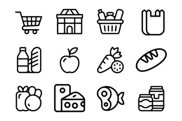 A Collection of Groceries Icons Representing Different Food Items and Shopping