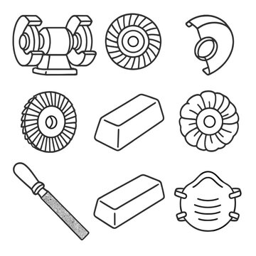 Metalworking Tool Icons. Outline style icons of Metalworking Tool: bench grinder wheel, flap disc pad, angle grinder guard,