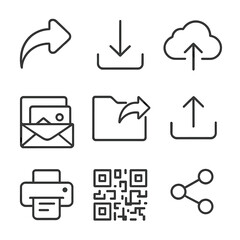 Fototapeta premium Export and Share Icons. Line style icons of export and sharing: share arrow, download icon, save to cloud, email photo, export