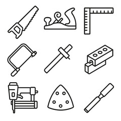 Obraz premium Carpentry Tools Icons. Line style icons of carpentry tools: hand saw, wood plane, carpenter square, coping saw, marking gauge,