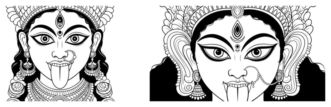 Fierce faces of Hindu Goddess Kali vector illustration set