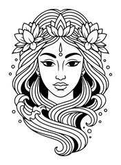 Beautiful line art portrait of a Hindu goddess with a lotus crown and flowing hair