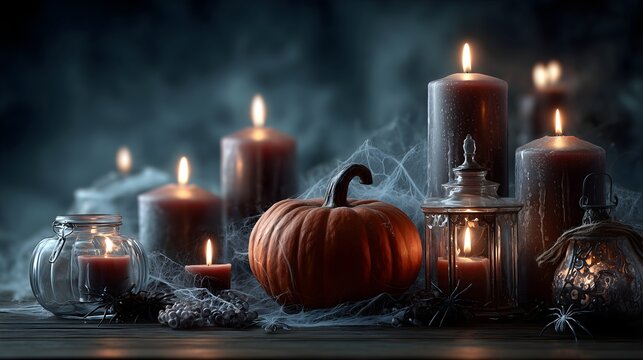 Halloween decor featuring candles, a pumpkin, and eerie ambiance perfect for spooky celebrations at night