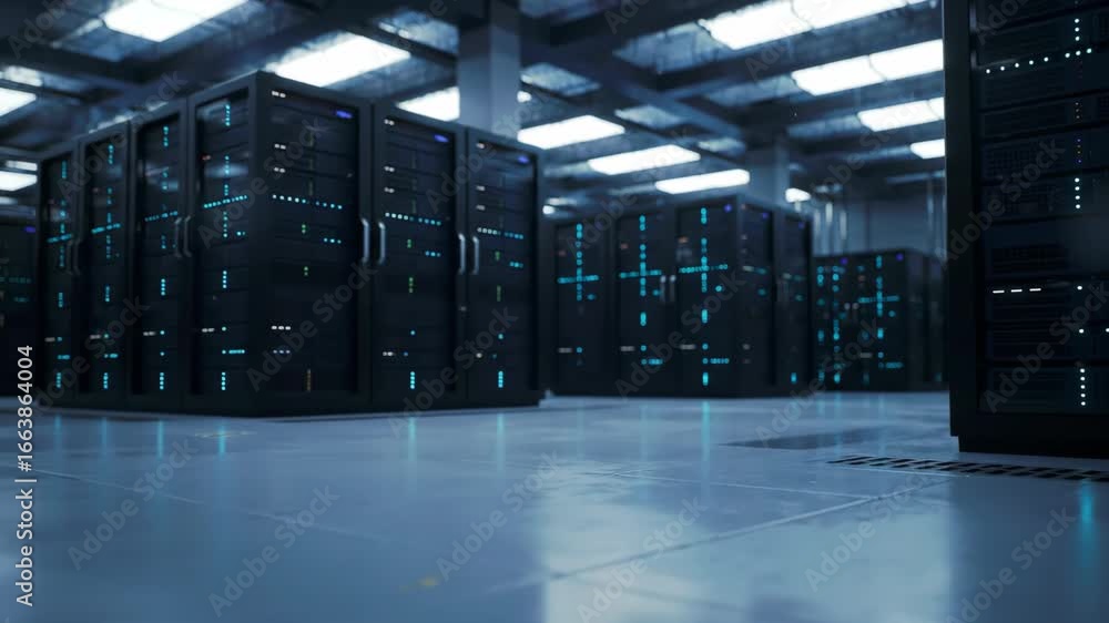 Poster data center servers room with data storage systems, powerful hardware and technology concept.