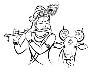 Lord Krishna playing flute with cow line art vector © Anna