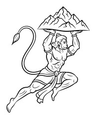 Lord Hanuman carrying mountain line art vector