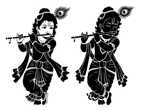 Lord Krishna playing flute silhouette vector illustration