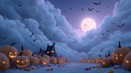Spooky Halloween night with glowing pumpkins and bats under a full moon in a cartoon-style landscape