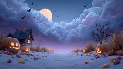 Spooky Halloween night in a cartoon-style landscape with glowing pumpkins and bats filling the eerie sky