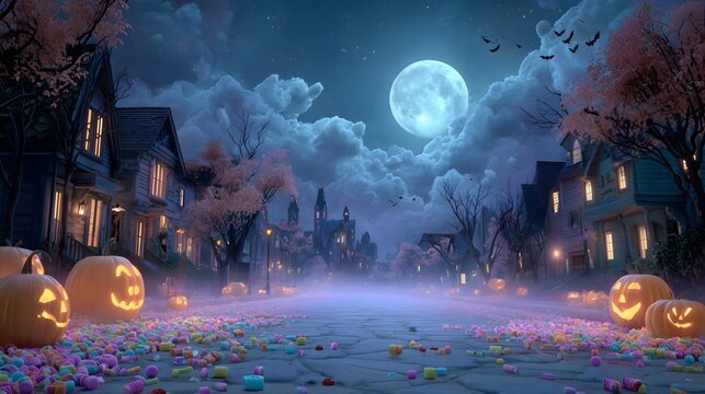 Spooky Halloween night with glowing pumpkins, candy road, and an enchanting moonlit sky