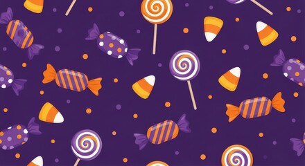 Spooky Sweets Halloween Candy Pattern Design, featuring candy corn, lollipops, and wrapped candies