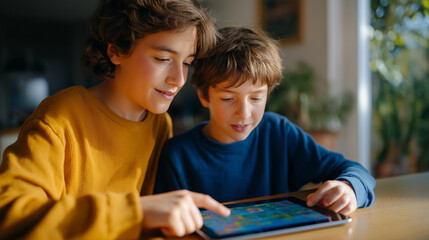 Teenager Helping Younger Sibling with Colorful Puzzle Game