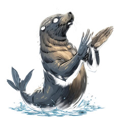 Illustration of a seal standing upright with flippers raised in water on a black background