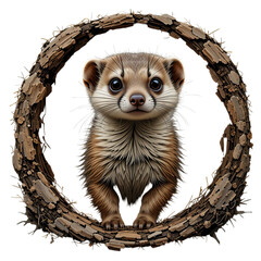 A cute ferret with big eyes sitting inside a circular frame made of tree bark and twigs