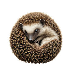 A curled up hedgehog with brown and white quills on a black background in close up view