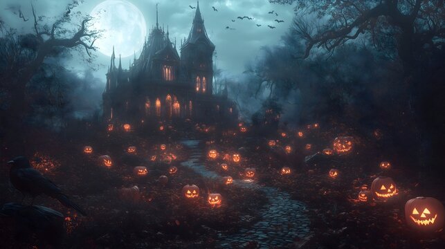 Halloween night at a haunted mansion with glowing pumpkins and a full moon casting eerie shadows - Powered by Adobe