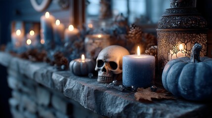 Halloween themed fireplace decorated with candles and a skull creates a spooky atmosphere for the festive season