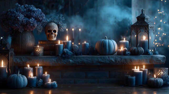 Spooky Halloween fireplace adorned with candles, skulls, and pumpkins in a dark, atmospheric setting