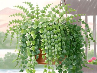 Lush, realistic illustration of a hanging fern plant with dense green foliage cascading from a terracotta pot. Displayed on a shaded balcony with natural soft lighting and mountains in the background