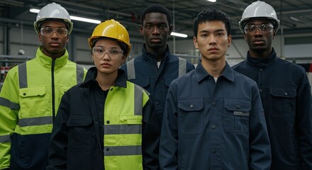 Diverse Industrial Workers Wearing Safety Helmets and Protective Gear in Warehouse Setting, Teamwork and Factory Safety Concept