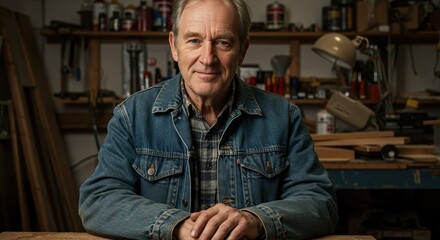 Smiling Middle-Aged Man in Denim Jacket in a Woodworking Workshop with Tools and Wooden Planks, Skilled Carpenter Portrait
