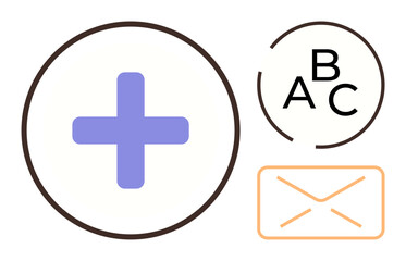 Obraz premium Blue cross, circle with ABC text, and orange envelope outline. Ideal for healthcare, education, communication, technology, learning collaboration support. Simple flat metaphor
