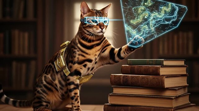 A clever Bengal cat adventurer with futuristic goggles analyzing a holographic map in a vintage library.
